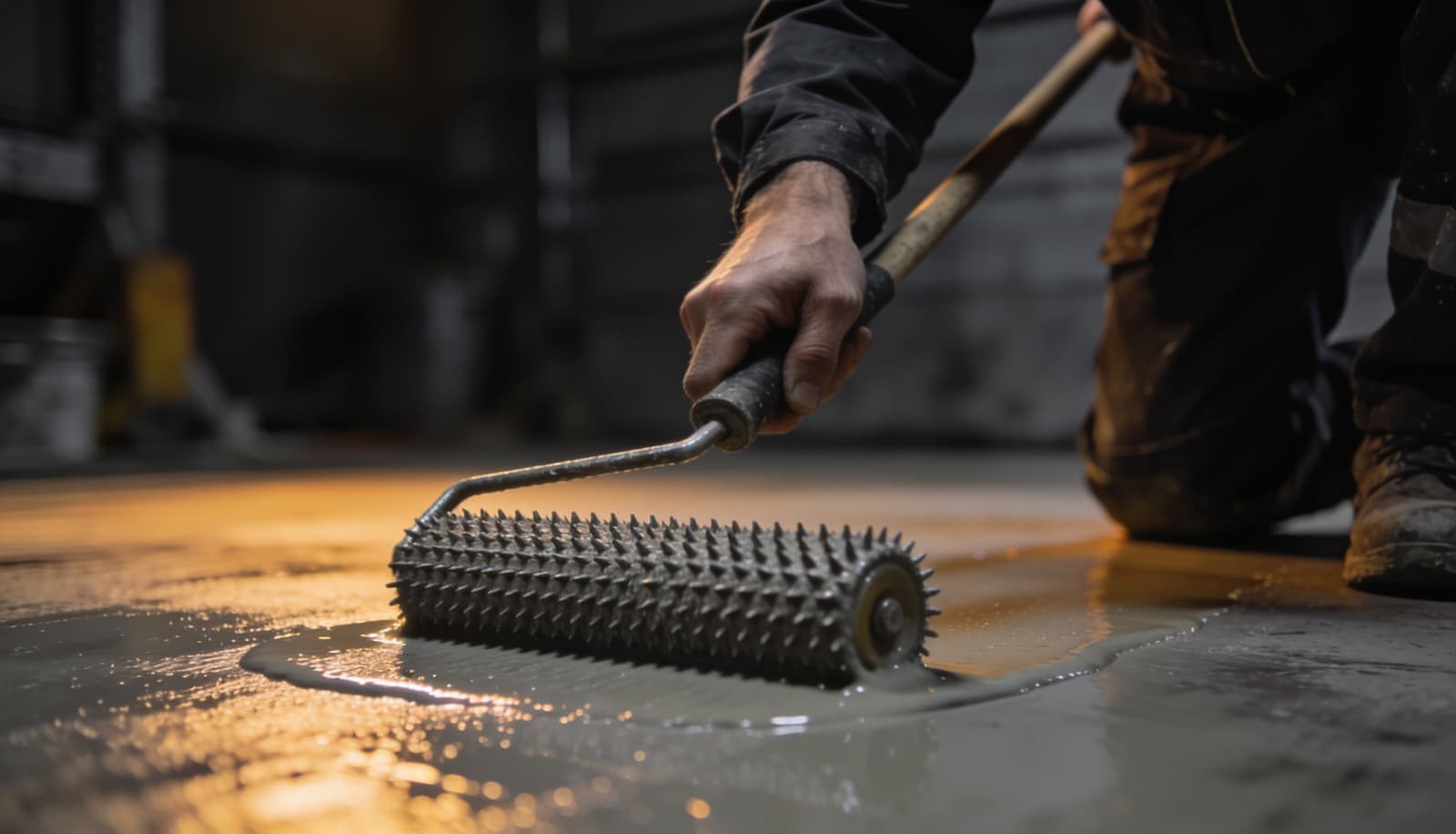 Fachowiec Epoxy Design rozprowadza żywicę wałkiem kolczastym na posadzce